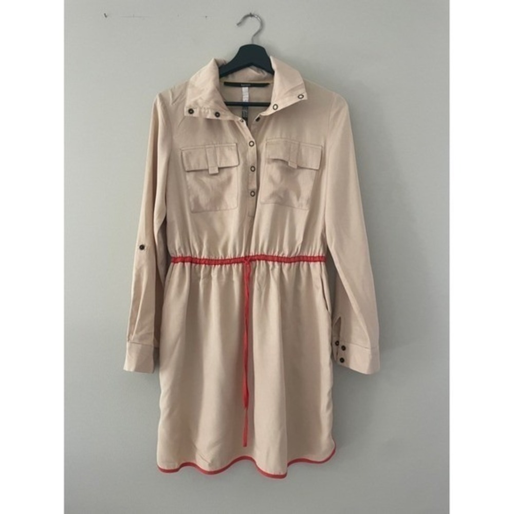 Kensie Utility Shirt Dress Beige Red Trim Drawstring Waist Small Safari Casual